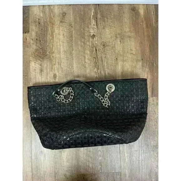 Kate Spade Woven Shoulder Bag Gold Tone Chain Satchel Black 10X16 Large - Picture 13 of 16